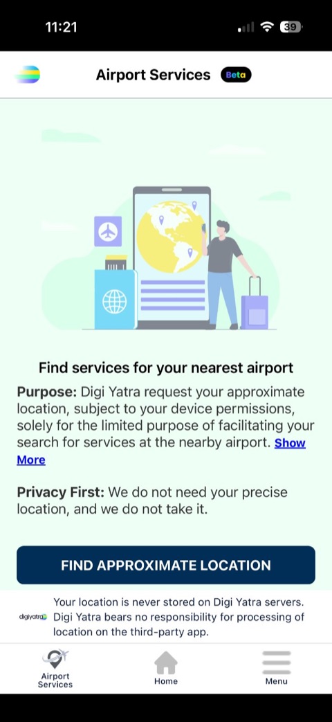 Old DigiYatra Airport services screen
