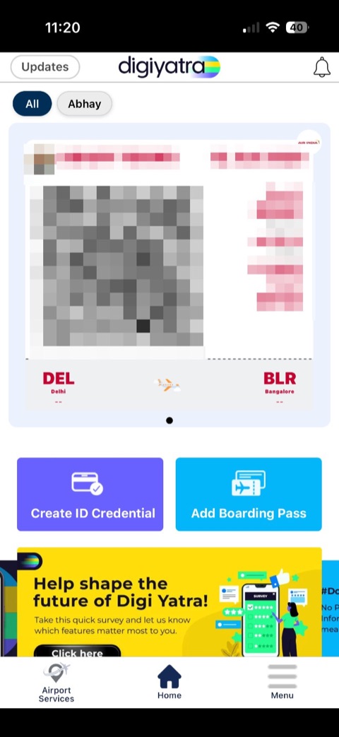 Old DigiYatra Home & pass screen