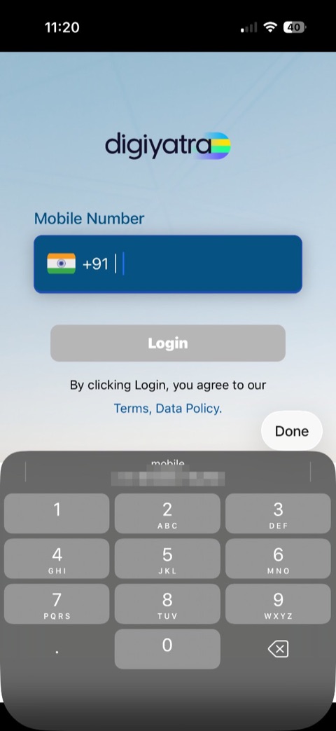 The old DigiYatra login screen