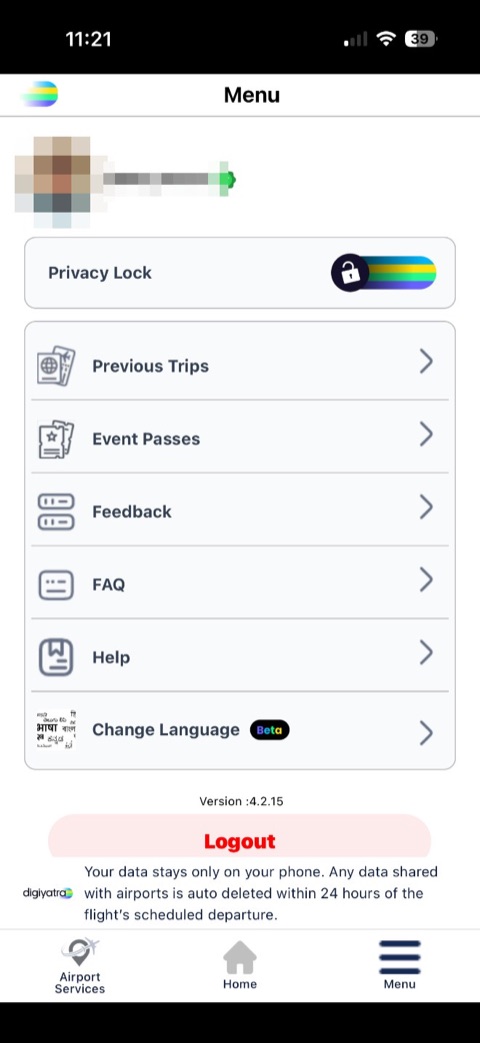 Old DigiYatra Menu screen